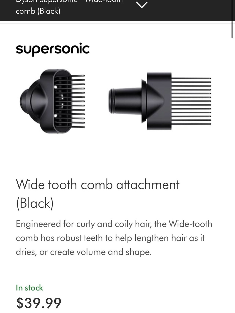 Dyson Wide-Tooth Comb Attachment — Black